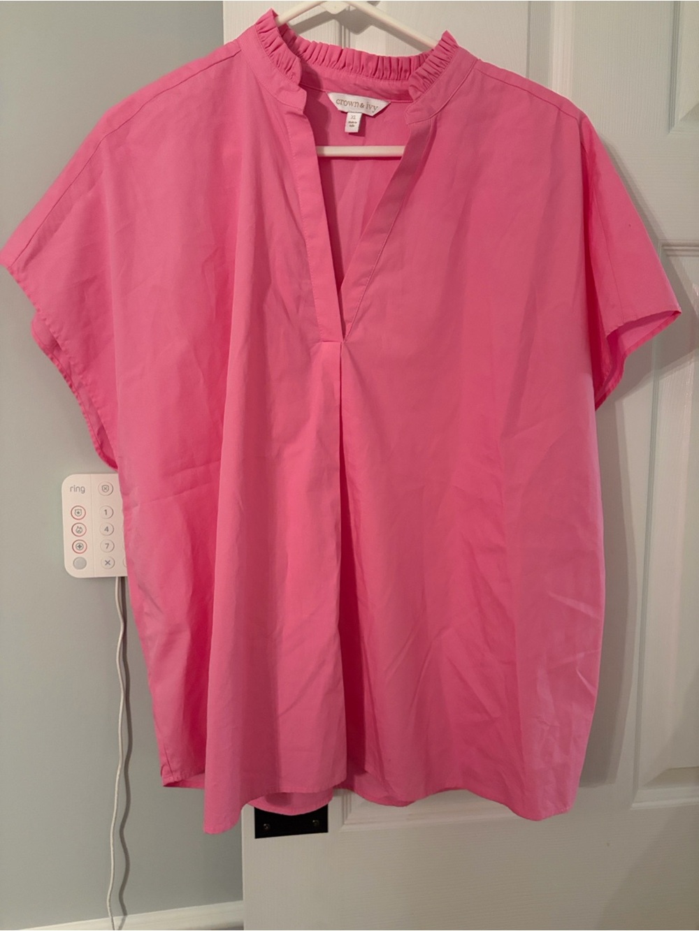 crown & ivy Bright Pink Ruffle-Trim Split-Neck Blouse - Picture 6 of 6